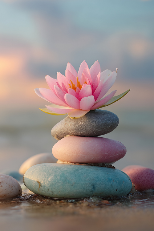 trois roches rondes ovales empilées avec une fleur de lotus rose sur le dessus, fond de paysage de mer rose pastel